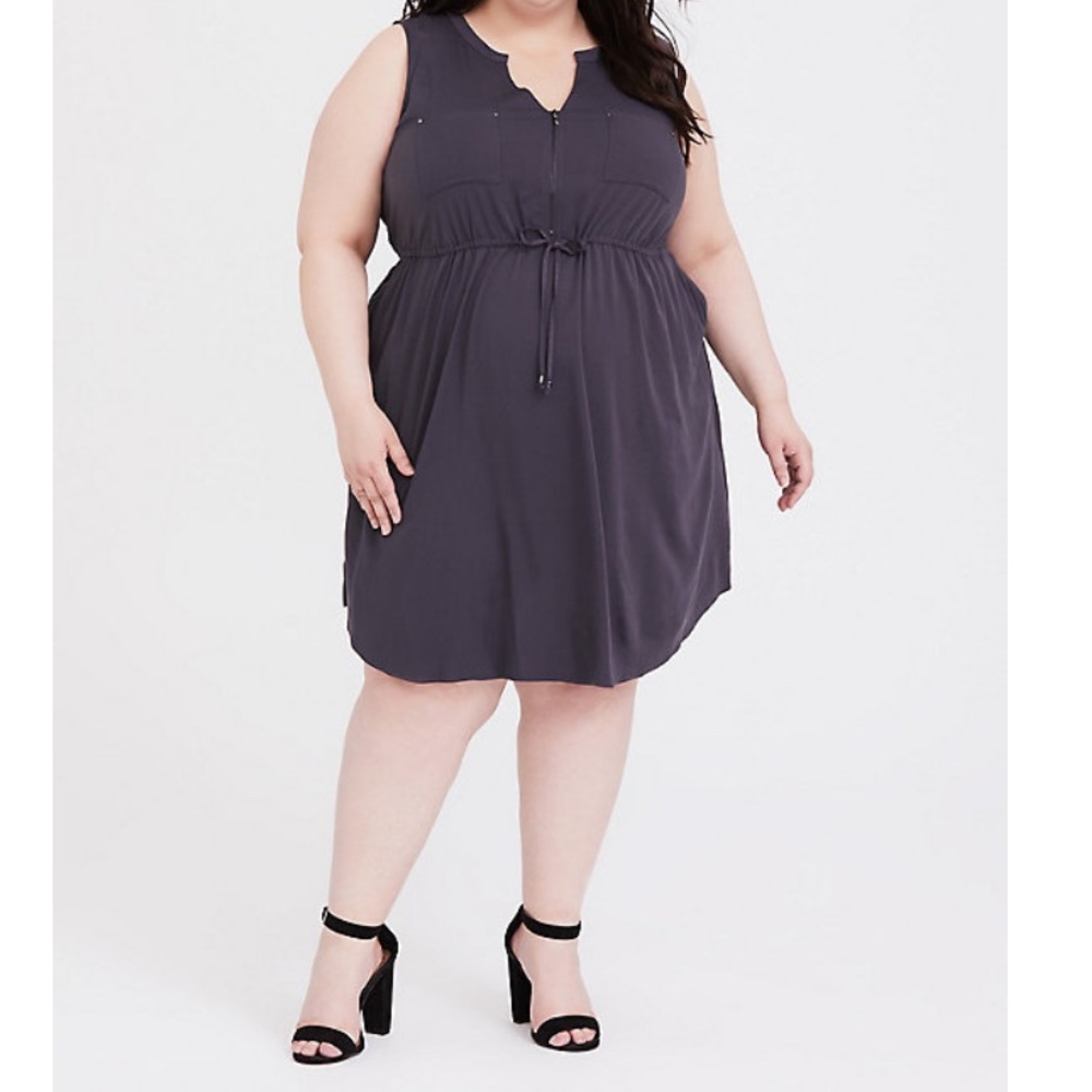 GREY CHALLIS DRAWSTRING SHIRT DRESS